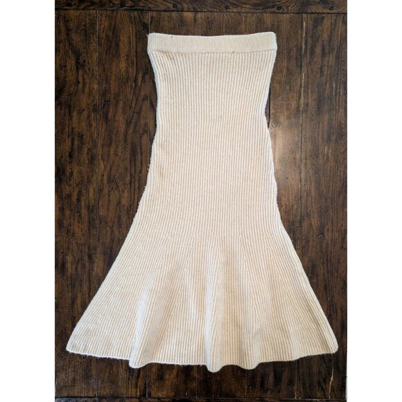H&M Ribbed Knit High Waist Flared Midi Skirt Cream Beige - Picture 1 of 8